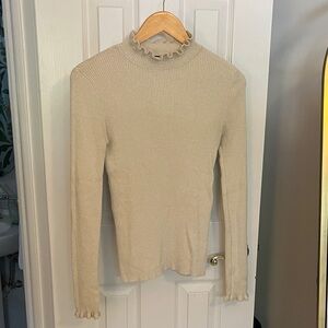 Express Cream and Gold Ruffle Trim Long Sleeve Top